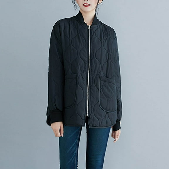 NSLGXD Women's Quilted Jacket Fall Winter Zip Up Long Sleeve Coat Fashion Stand Collar Padded Down Outerwear with Pockets