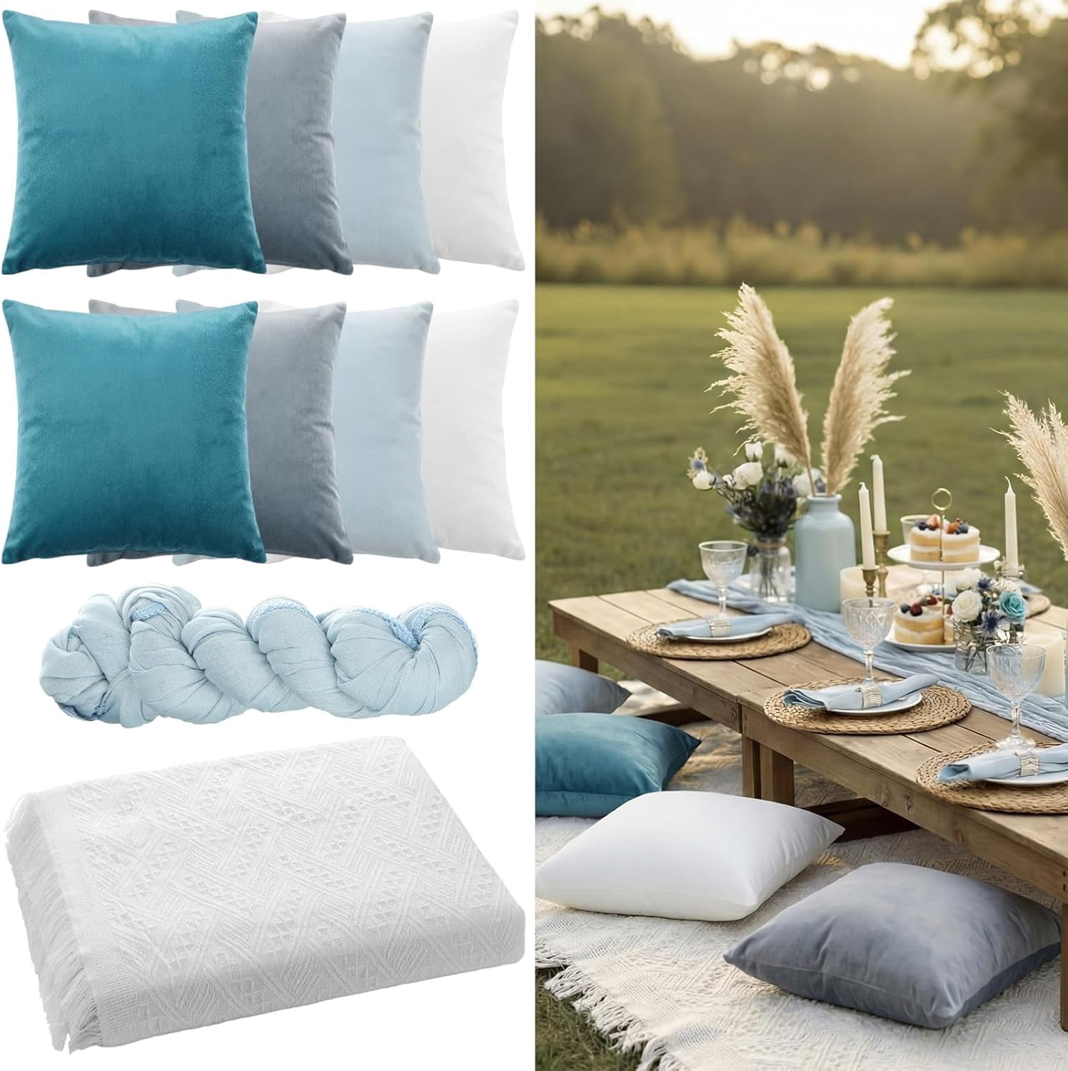10 Pcs 71''x102'' Extra Large White Outdoor Boho Picnic Blanket with Table Runner 8 Blue Throw Pillow Cover Oversized Washable Portable Beach Blanket for Valentine Picnic Camp Lawn Wedding