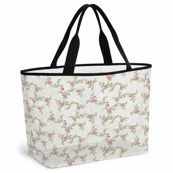 Pink Floral Beach Bag for Women, Large Breathable Mesh Beach Tote Bag, Vintage Leaves Flowers Rustic Plants Sandproof Lightweight Travel Bags for Vacation Picnic Swimming Pool 15.7"x15.7"x9.1"