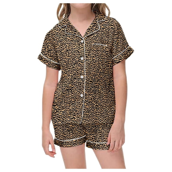 KHONTS 2 Piece Leopard Print Pajamas Sets for Girls Kids Short Sleeve and Shorts Sleepwear Outfits,Size 1-14 Years 90