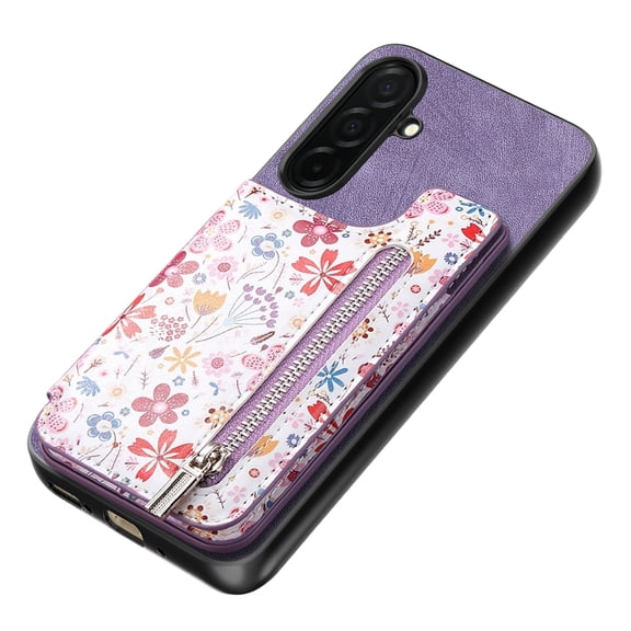 For Samsung Galaxy A37 Wallet Case, RFID Protected Zipper Purse Phone Cover with Kickstand, Shockproof Floral PU Leather for Women, Purple