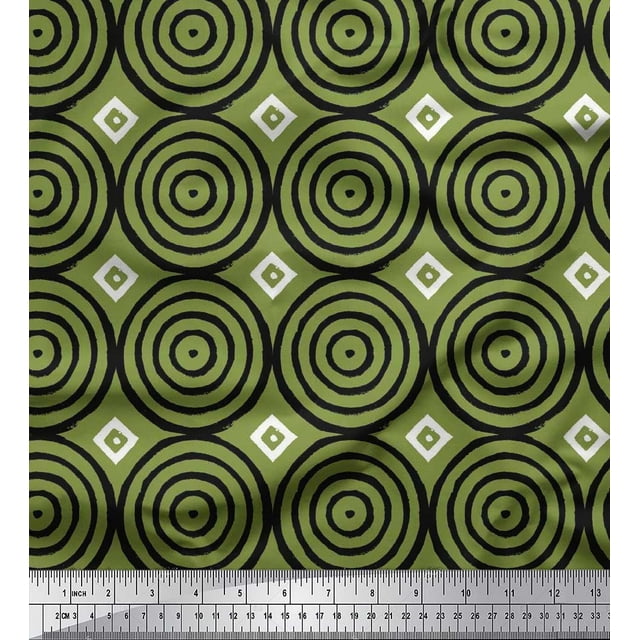 Soimoi Moss Georgette Fabric Diamond & Circle Block Printed Fabric 1 Yard 42 Inch Wide