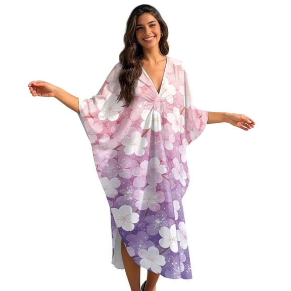 Xixirimido Vibrant Cherry Blossom Print Women's Kaftan Dresses Plus Size Beach Cover Up V-Neck Batwing Sleeve Swimsuit Coverup Summer Caftan Dress