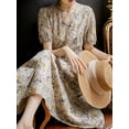 thumbnail image 5 of Lace-up Marigold Print V-neck Puff Short Sleeves Dress, Beige, Medium, 5 of 5