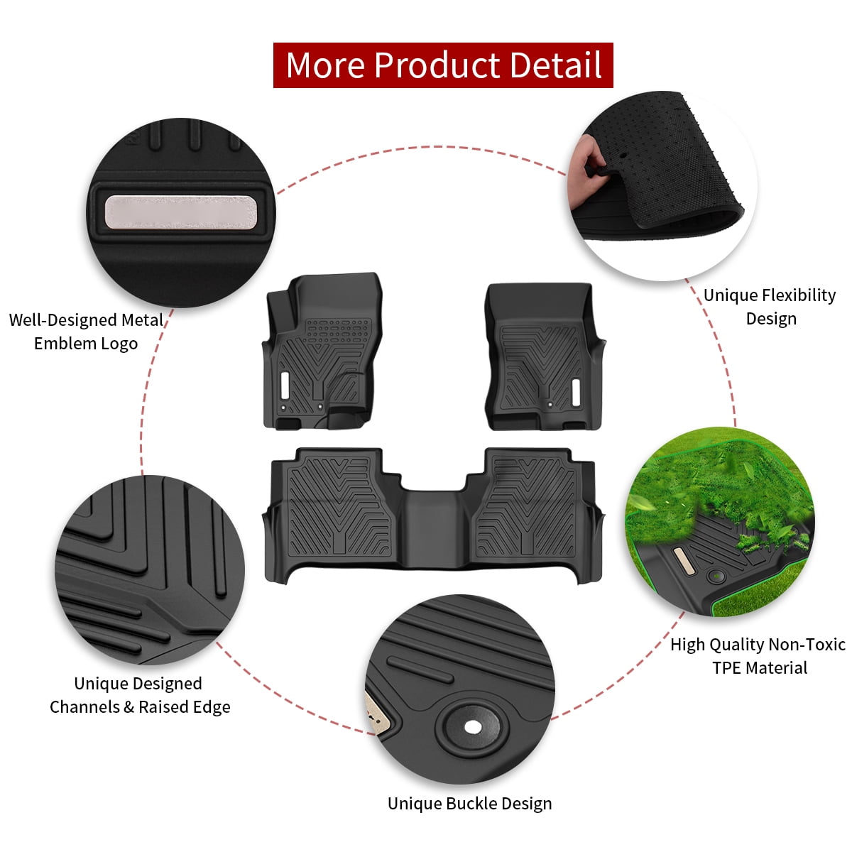 RVNI TPE Rubber Front and Rear 3-Piece for 2008-2021 Nissan Frontier Crew Cab Black Floor Mats Set, All-Weather Protection