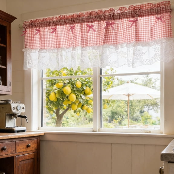 Pink and White Buffalo Check Plaid Window Valances Floral Lace Semi Sheer Kitchen Curtain Farmhouse Gingham Curtains Rod Pocket Valances for Living Room (Pink,39"x18")