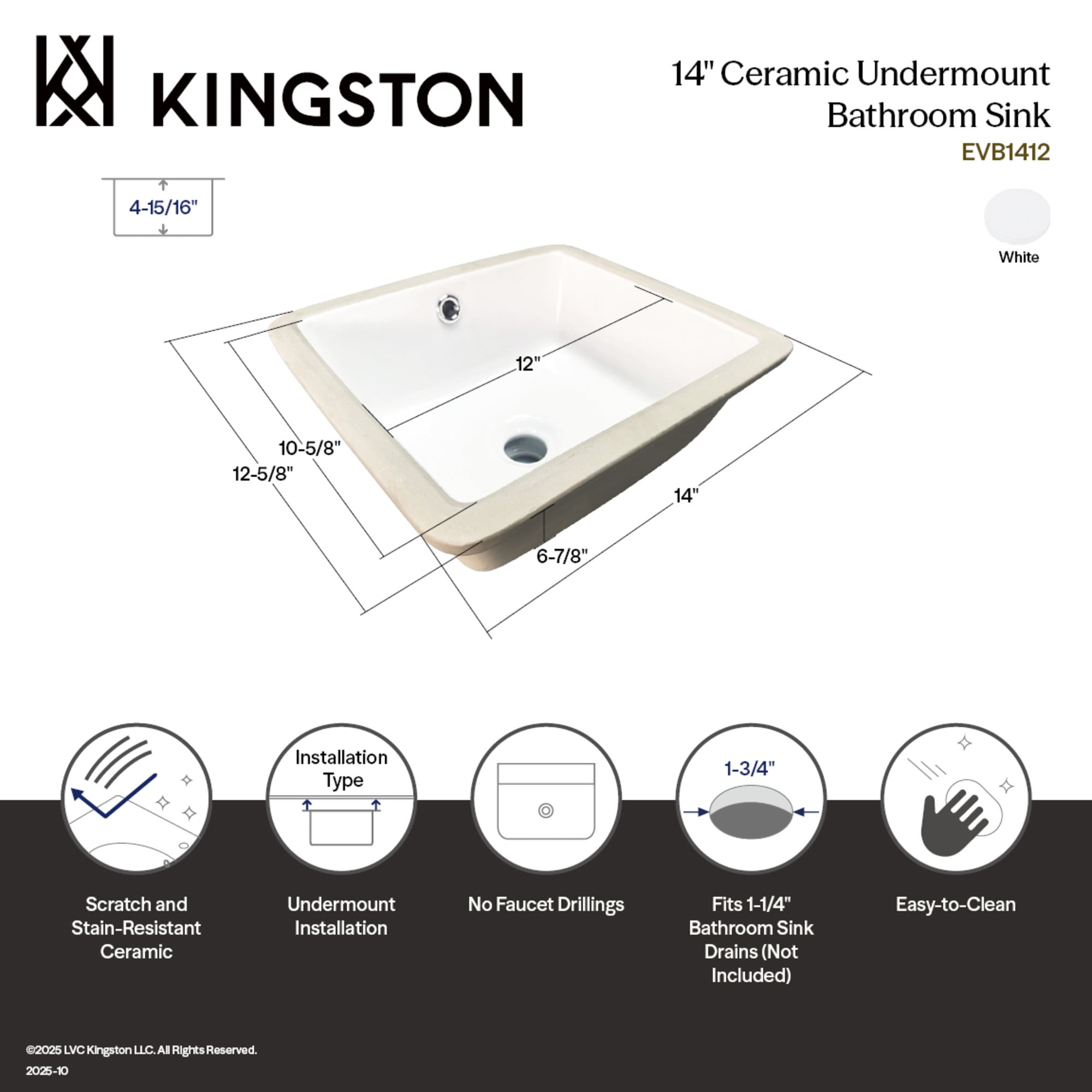 Kingston Brass EVB1412 Linna 14" Ceramic Square Undermount Bathroom Sink, White