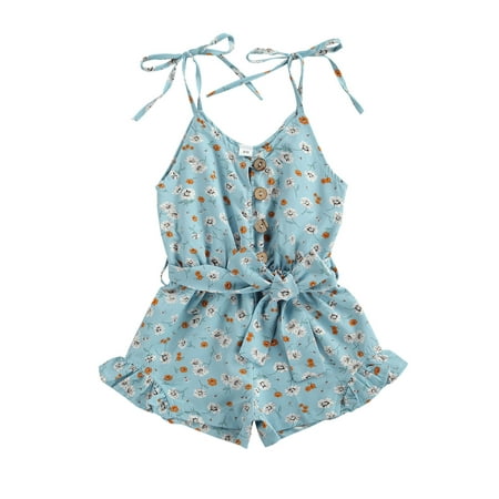 

ZIYIXIN Summer Kids Girls Jumpsuits Flowers Printed V Neck Sleeveless Strapless Button Romper Sky Blue 4-5 Years