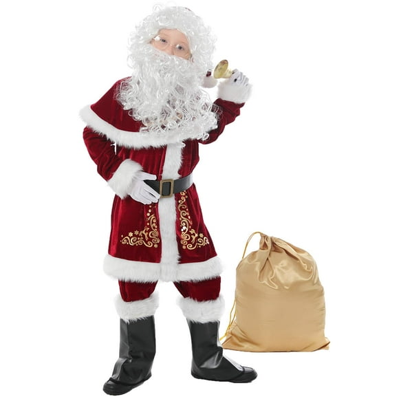 Halfjuly Santa Costume for Kids 12pcs Set Christmas Party Santa Claus Suit for Boys Red Deluxe Velvet Child Cosplay M