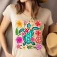 thumbnail image 4 of Tropical Sea Turtle T-Shirt for Women, Floral Ocean Hawaiian Vibes Graphic Tee, Black, Size XL, 4 of 6
