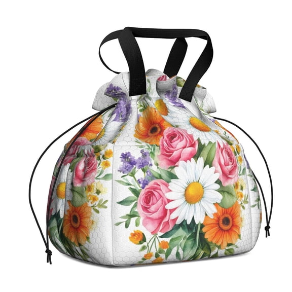 Pioneer Flower Drawstring Lunch Bag Women - Drawstring Lunch Bag Insulated for Work Office - Stain-Resistant Large Lunchbags for Women with Multi-Pockets