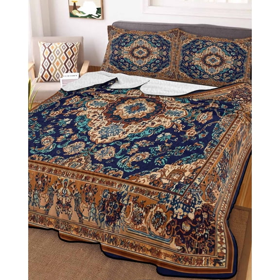 Blue Burnt Orange Boho Queen Size Down Alternative Comforter, Lightweight Comforter Quilt Bedding Set with Pillow Shams Antique Tribal Southwestern All Seasons Bed Comforter Duvet Insert 90"x96"