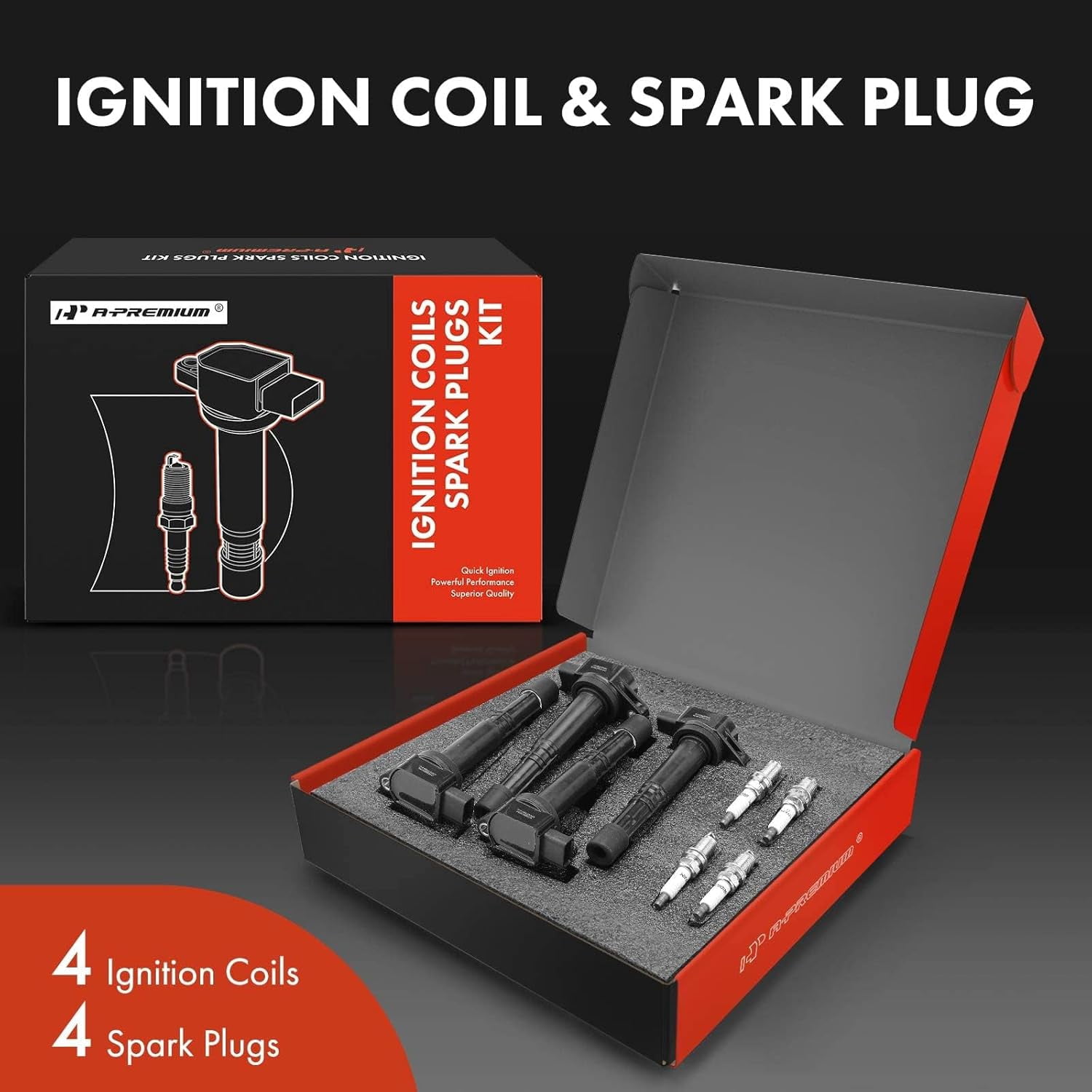 A-Premium Set of 4 Ignition Coil Pack and Iridium Spark Plugs Compatible with Acura TSX 2004 2005 2006 2007 2008 2.4L Replace# NGK6994, C1450