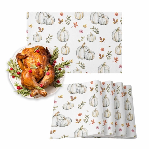 Fall Placemats Set of 6 White Pumpkins Place Mats Thanksgiving Placemat Autumn Maple Leaf Table Mats for Dining Kitchen Table Holiday Dinner Party Home Fall Decorations 13x19 Inch