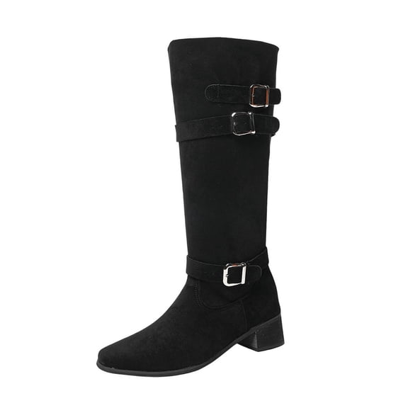 WRKEKC Womens Boots Suede Pointed Toe Chunky Heel Buckle Strap Knee High Mid Calf Casual Fall Winter Shoes for Women