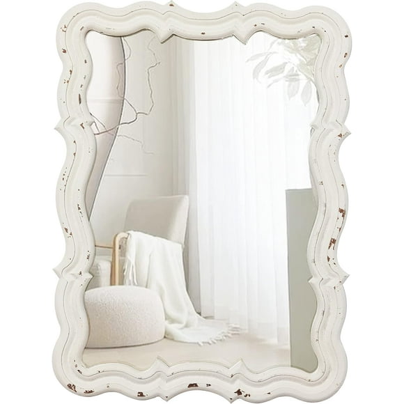 ERDS-Vintage Decorative Scalloped Wall Mirrors for Home Decor 16 X 12 Inch, Hanging Distressed White Wavy Mirror for Bathroom, Farmhouse Miroir Mural, Rustic Makeup Mirror for Bedroom
