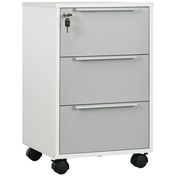 HOMCOM Vertical Filing Cabinet with Lock, 3 Drawer File Cabinet with Wheels, Home Office Organizer, White and Grey