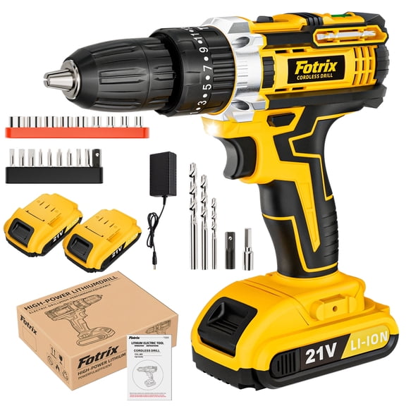 21V Cordless Drill, 2 Speed, Keyless 3/8" Chase Drill with LED Light, Equipped, one battery&paper box pack