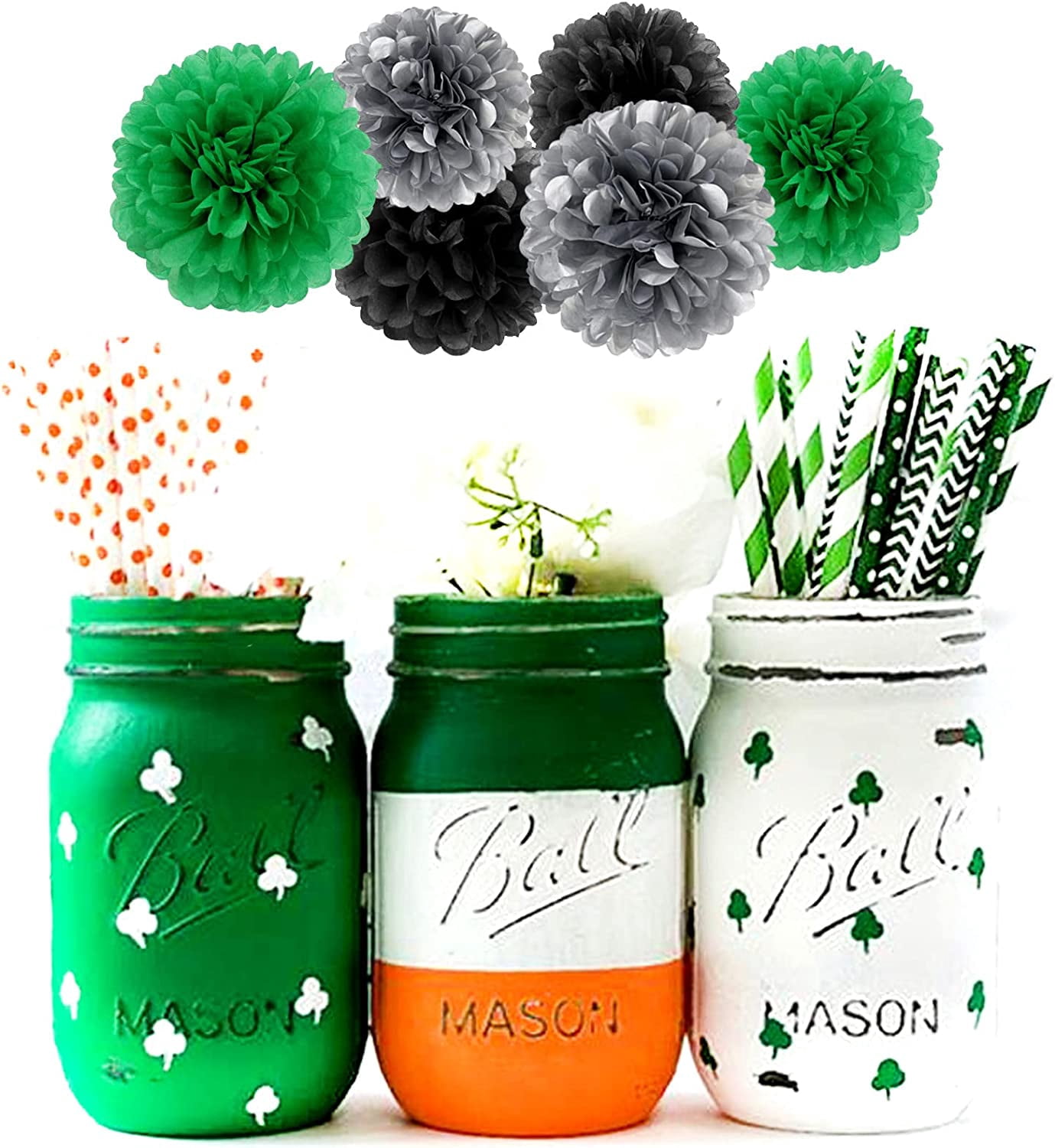 Black Green Silver Football Party-Decorations - 30pcs Soccer Graduation Streamers,Tissue Pom Poms,Tassel Garland Backdrop Men Boys Birthday Spring Sunmer Bunting Jungle theme Banner