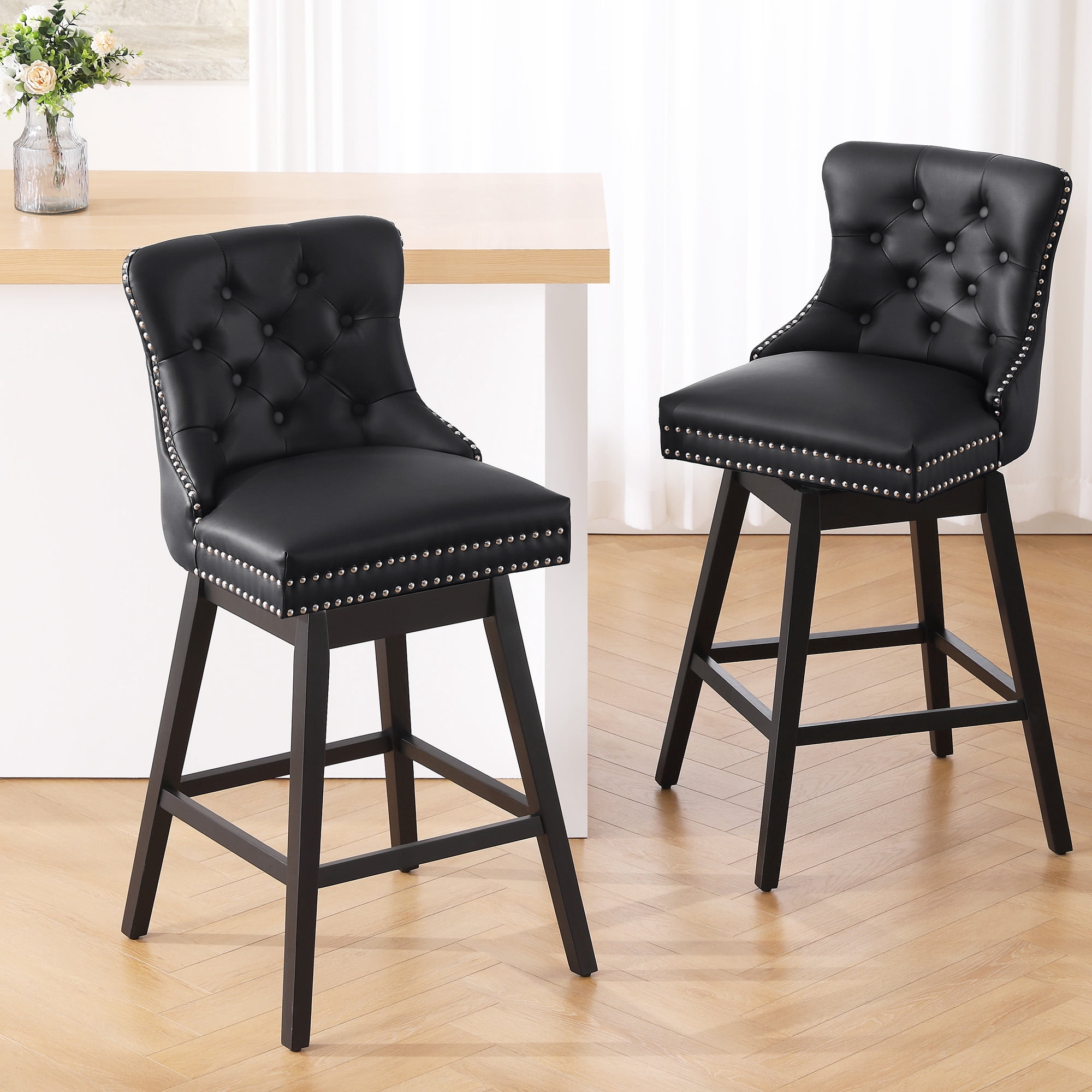 Tewloss 30" Swivel Bar Stools Set of 2 With Back Leather Bar Height Chairs for Home Kitchen, Black