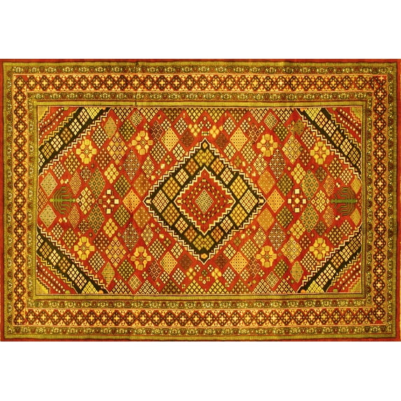 Ahgly Company Machine Washable Indoor Rectangle Persian Yellow Traditional Area Rugs, 7' x 9'