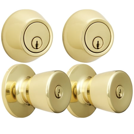 Hyper Tough Keyed Entry Tulip Style Doorknob and Deadbolt Combo, Polished Brass Finish, 2 Pack