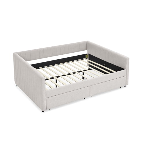 Queen Size Upholstered Daybed with 2 Storage Drawers, Vertical Stripe Linen Sofa Bed, Beige