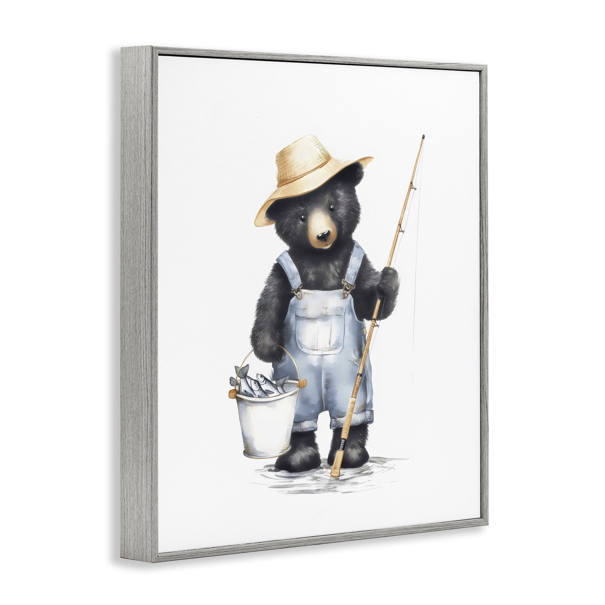Stupell Industries Fishing Bear in Straw Hat Gray Framed Giclee Art, design by Arlington Prints