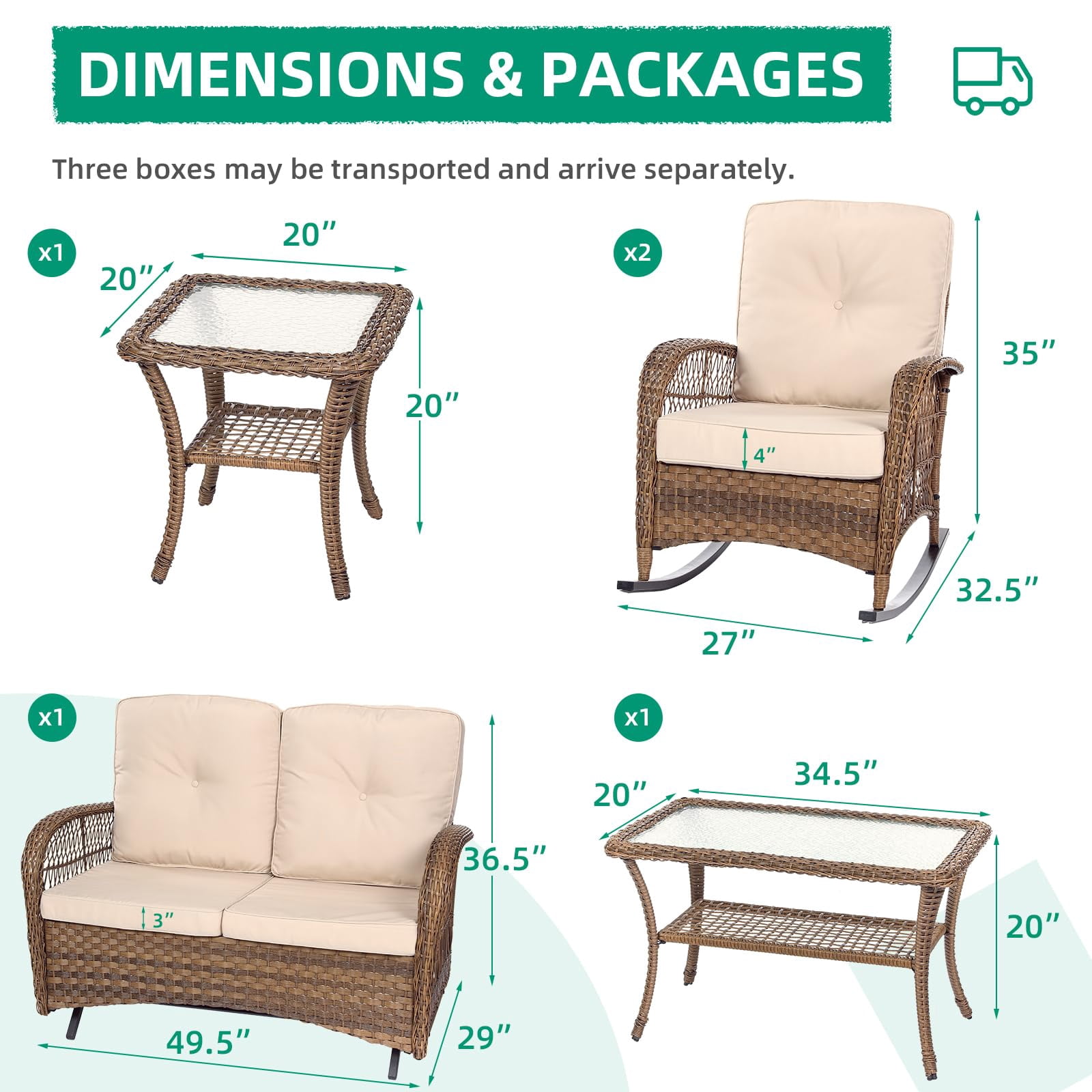VIVIJASON 5-Piece Outdoor Patio Wicker Conversation Sets, All Weather Outdoor Rattan Furniture Set Includes Glider Loveseat, 2 Coffee Table, 2 Rocking Chairs with Cushions for Backyard, Light Brown