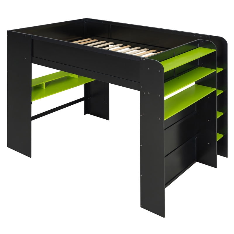 Full Size Wood Loft Bed with Desk, Wardrobe and Storage, Height Adjustable Gaming Loft Bed with USB Charging Port, RGB LED Light Strip, PC Tower Space and Shelves for Bedroom