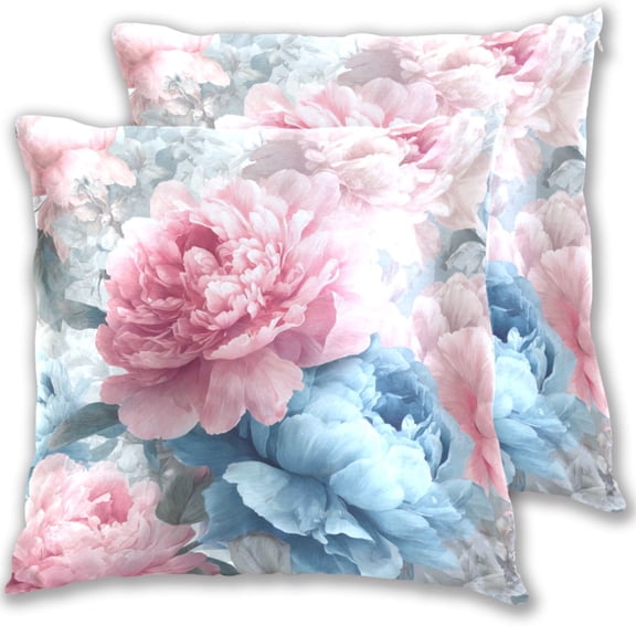 Pink Blue Peony Flowers Elegant Throw Pillow Covers Pillowcases 16 x 16 Inch Home Decor 2 Packs for Bedroom Sofa