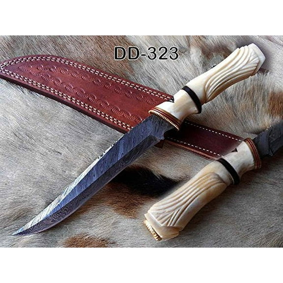 13 Inches long hand carved camel bone round scale skinning knife, Custom made Hand Forged Damascus Steel hunting Knife With 7.5" blade, Cow hide Leather sheath with belt loop