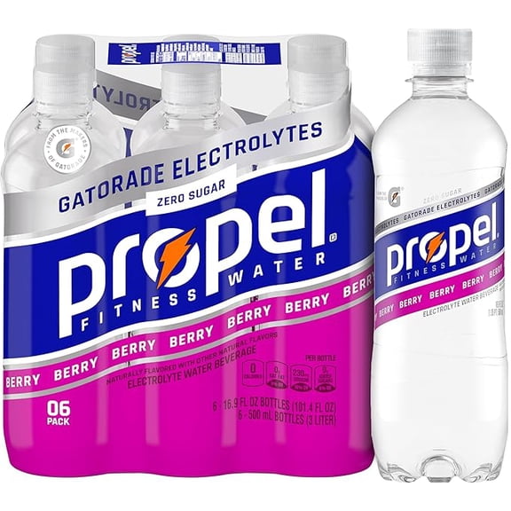 1x Propel Electrolyte Enhanced Water Sports Drink, Berry Flavored Water, Zero Calorie & Zero Sugar Hydration with Electrolytes and Vitamins C & E, 16.9 fl oz Water Bottles (6 Pack)