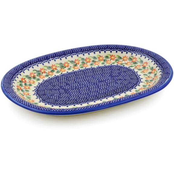 Polish Pottery 11½-inch Oval Platter (Elegant Garland Theme) Hand Painted in Boleslawiec, Poland Certificate of Authenticity