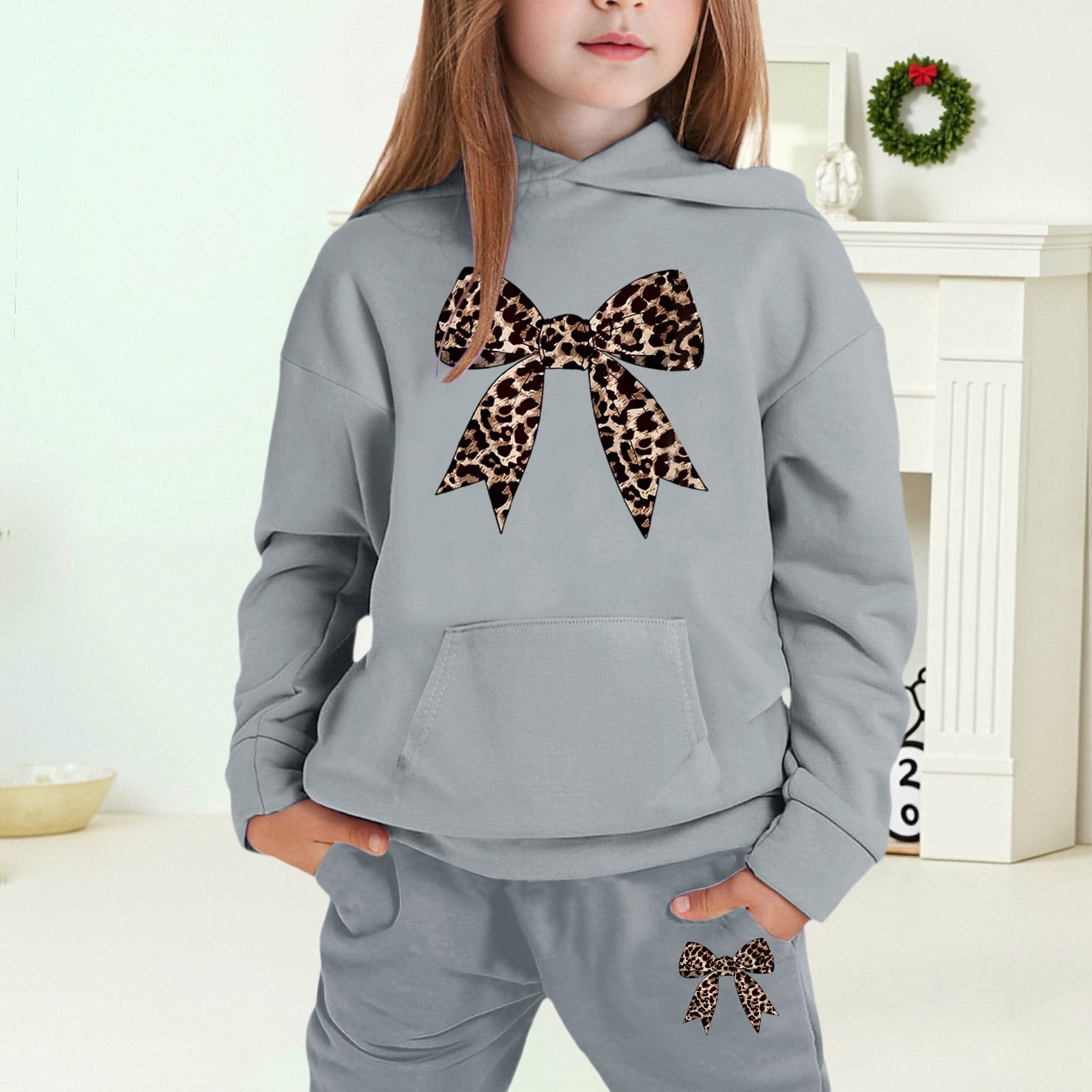 Toddler Girls Outfits Sets Winter Hoodie Joggers Comfy Casual Kids Print Fall Girls Clothing Sets Grey Size 4-5T