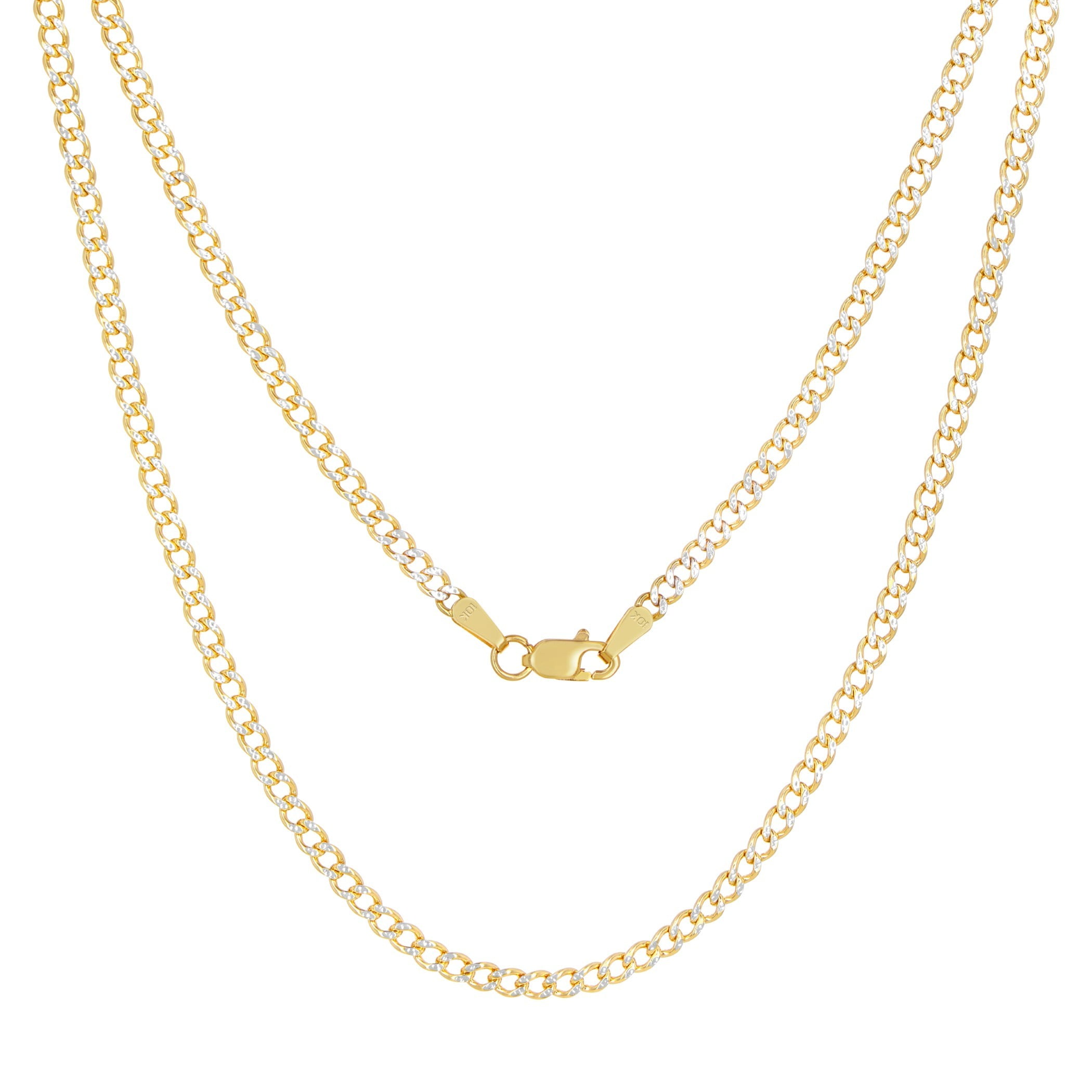 Nuragold 10k Real Yellow Gold Cuban Curb Link 2.5mm Diamond Cut Pave Chain Necklace (16"-26") Two Tone Italian Jewelry for Men & Women