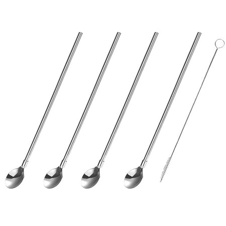 

BESTONZON 5pcs 9.8 Inches Stainless Steel Straw Spoon Set Creative Drinking Spoons for Coffee Cocktail (Long Straight Spoon + 6cm Tube Brush)