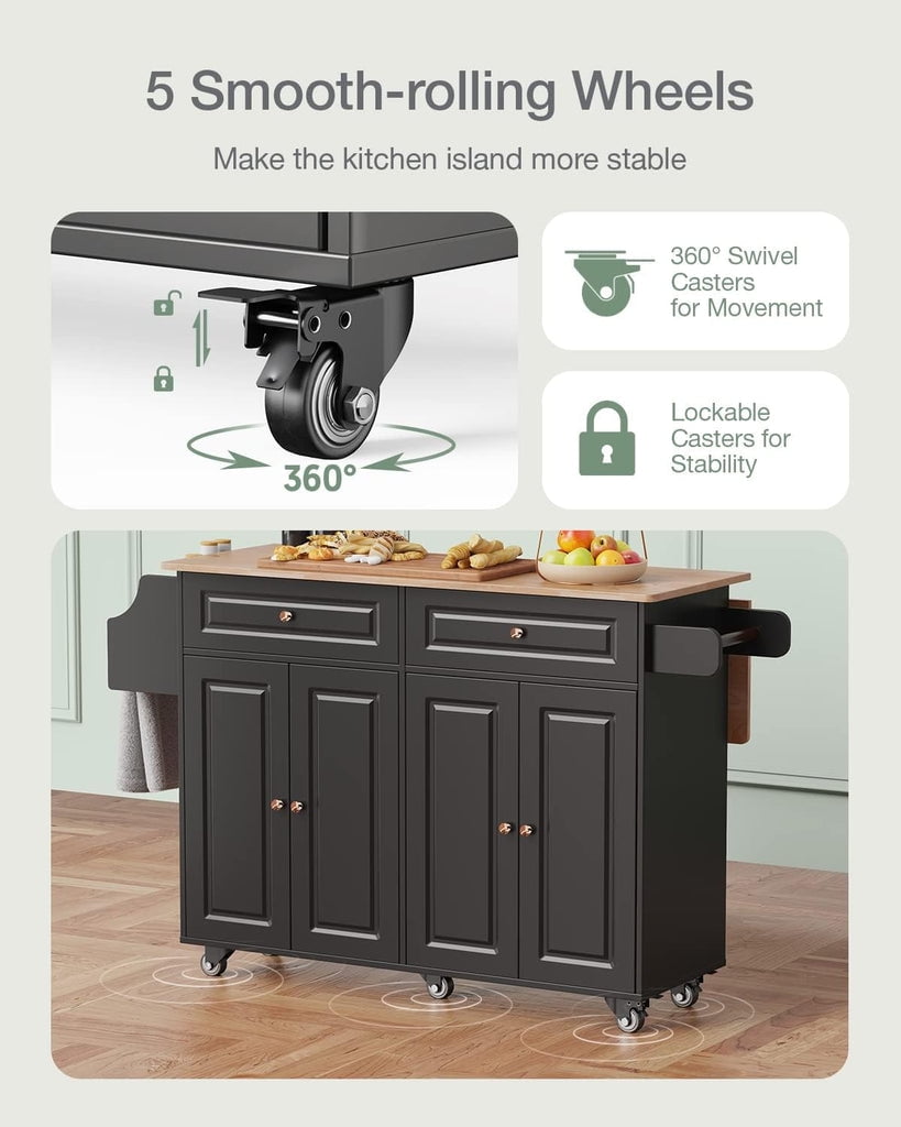 Aiho Kitchen Island with Storage, Mobile Kitchen Island Side Table on Wheels with Rubber Wood Drop-leaf Countertop , Side Rack and Drawer and for Kitchen,Dining Room - Black