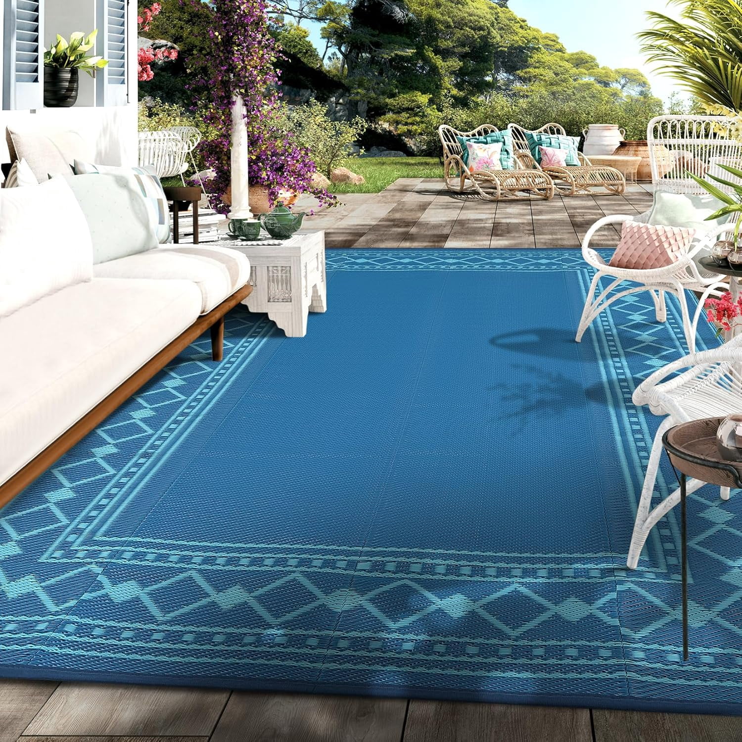 Funslane 8' x 10' Waterproof Outdoor Rug, Reversible Plastic Straw Patio Mat, Easy to Clean & Portable, for Deck, RV, Camping & Balcony, Blue