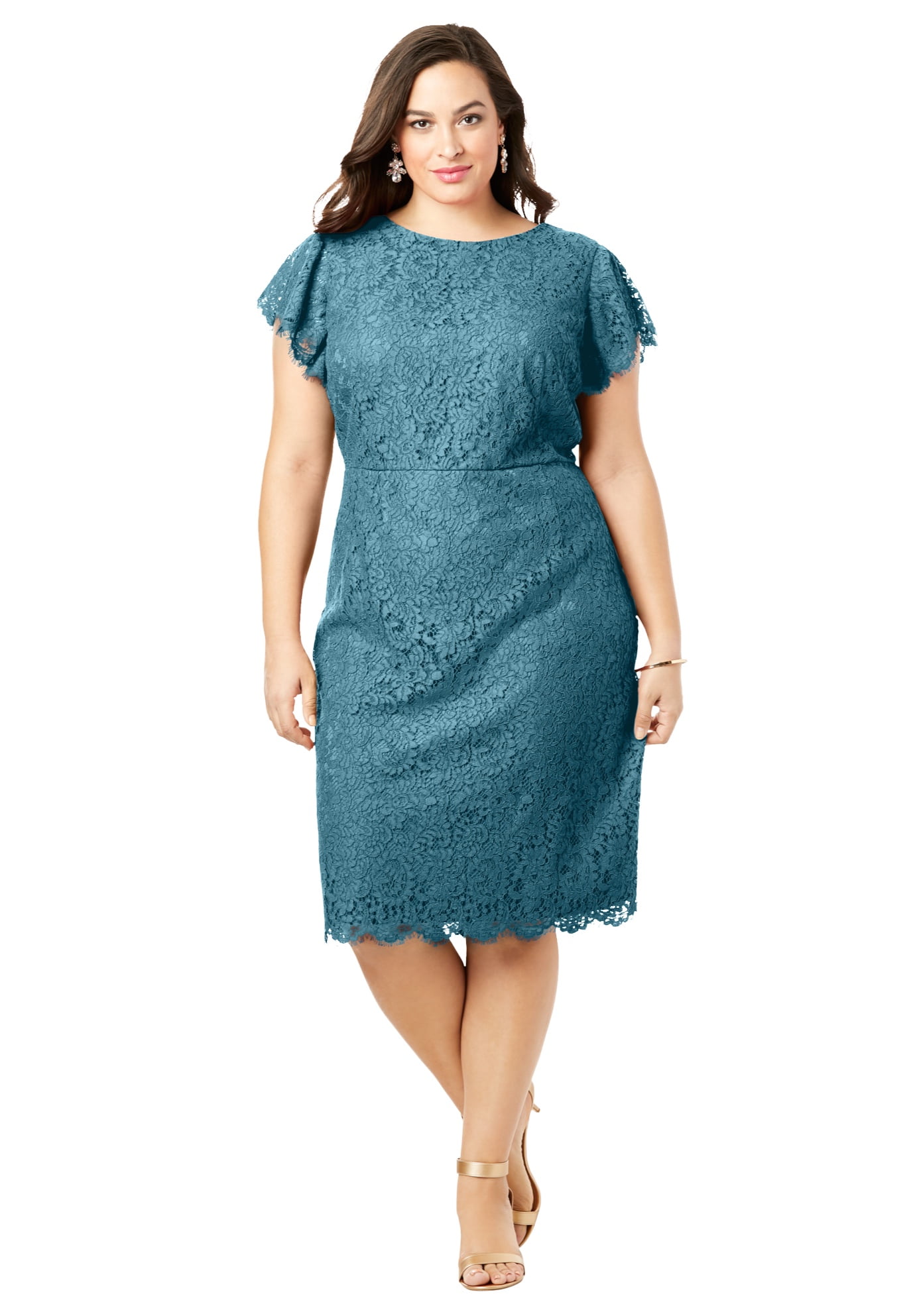 Roaman's - Roaman's Women's Plus Size Lace Sheath Dress with Flutter Sleeves Formal Evening