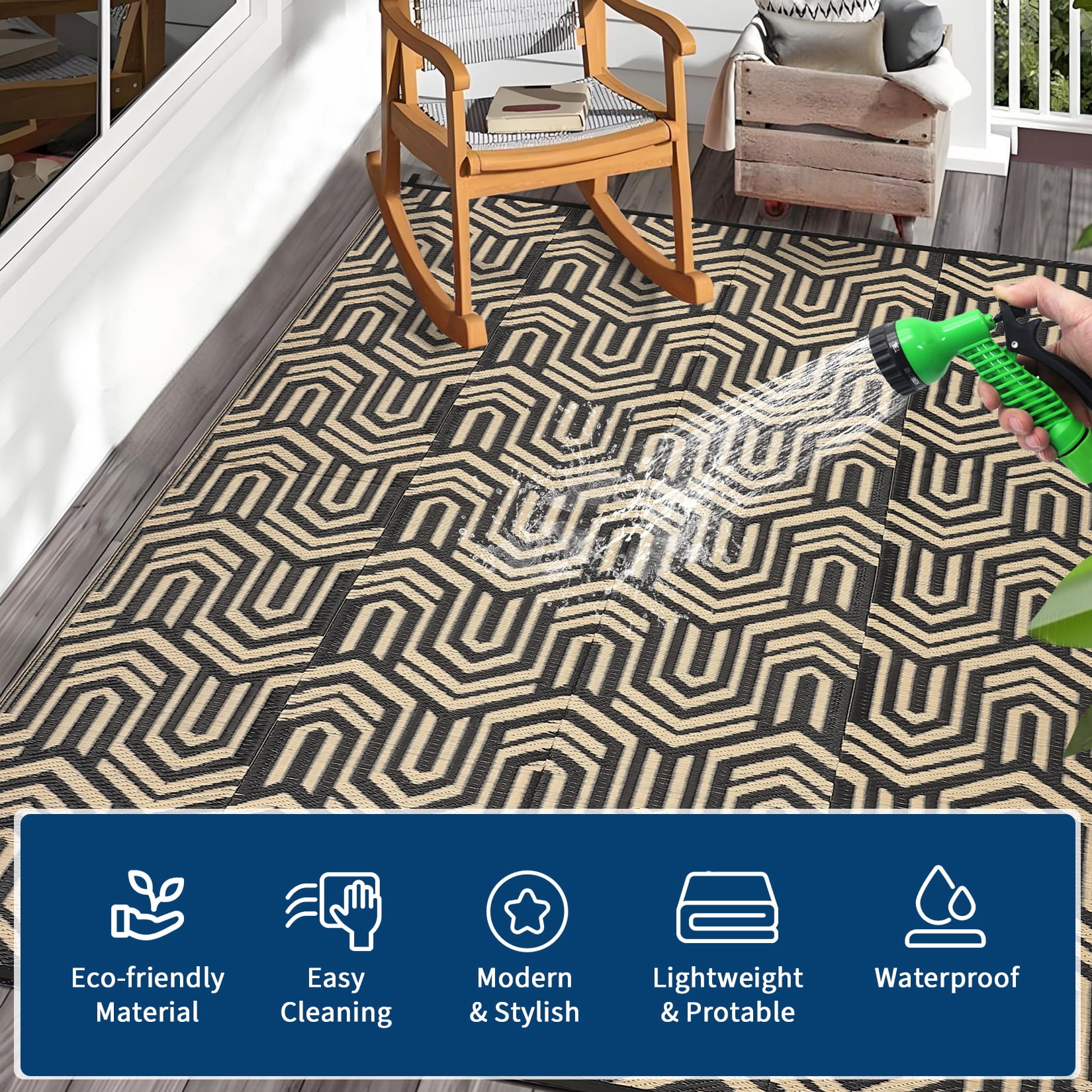 HIWEAVER 9' x 18' Black/Brown Outdoor Rug PP Plastic Straw Woven Waterproof Patio Rug with Border Portable Outside Carpet for Balcony Deck Picnic Garden Decor
