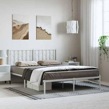 vidaXL Queen Metal Bed Frame with Headboard, Under Bed Storage, Noise Free, White, No Mattress