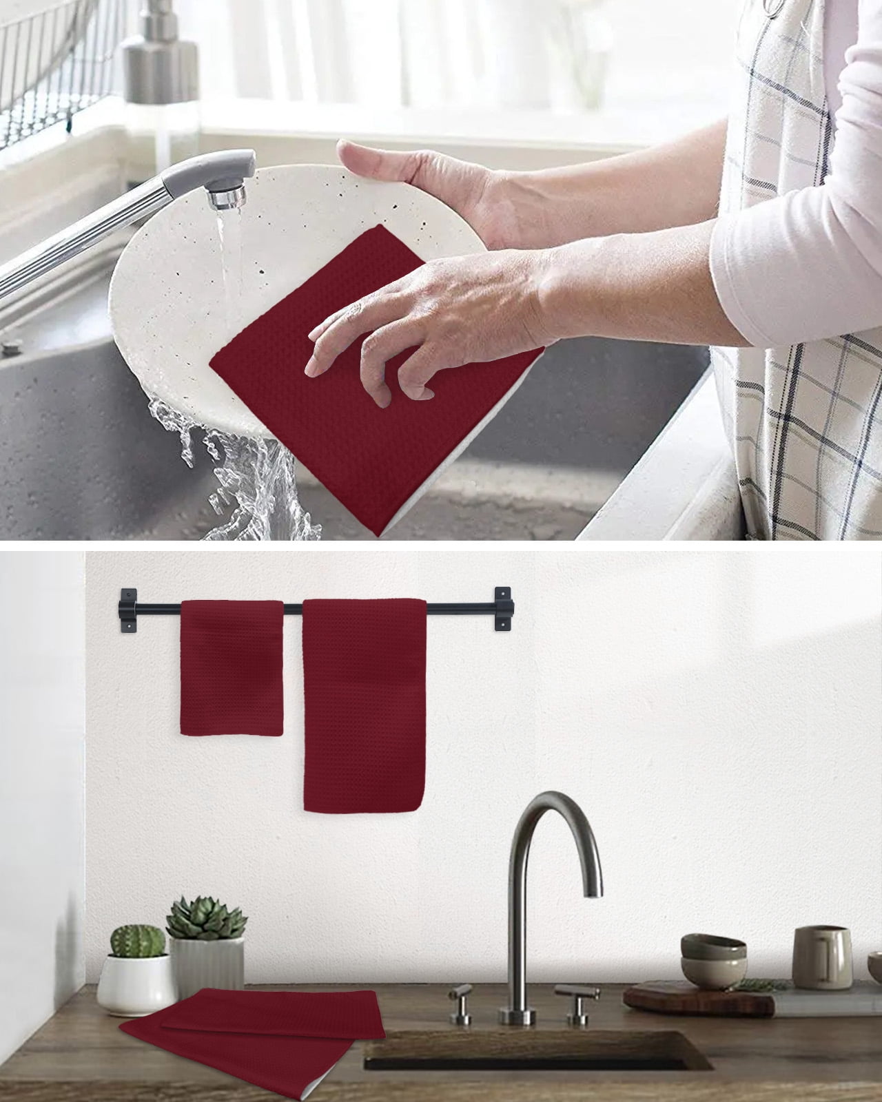Pure Red Wine Dish Towels Set, Waffle Weave Kitchen Towels 4 Pieces, Simple Solid Color Microfiber Hair Face Bath Tea Towel Absorbent Quick Drying Cleaning Dish Cloths, 12"x12"