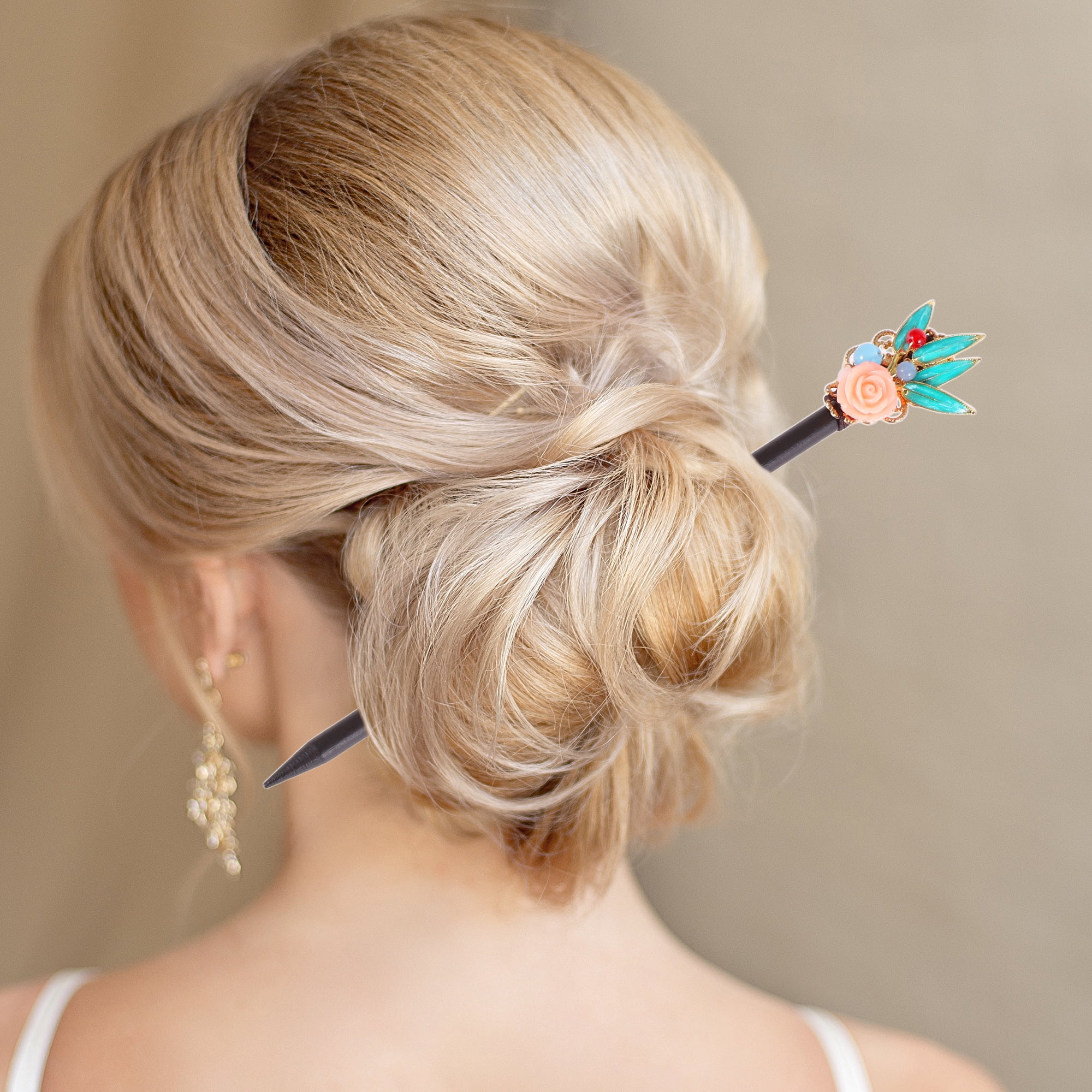 Unique Bargains Hair Chopstick 1 Pc Black, Pink, Blue [Leaves Rose]