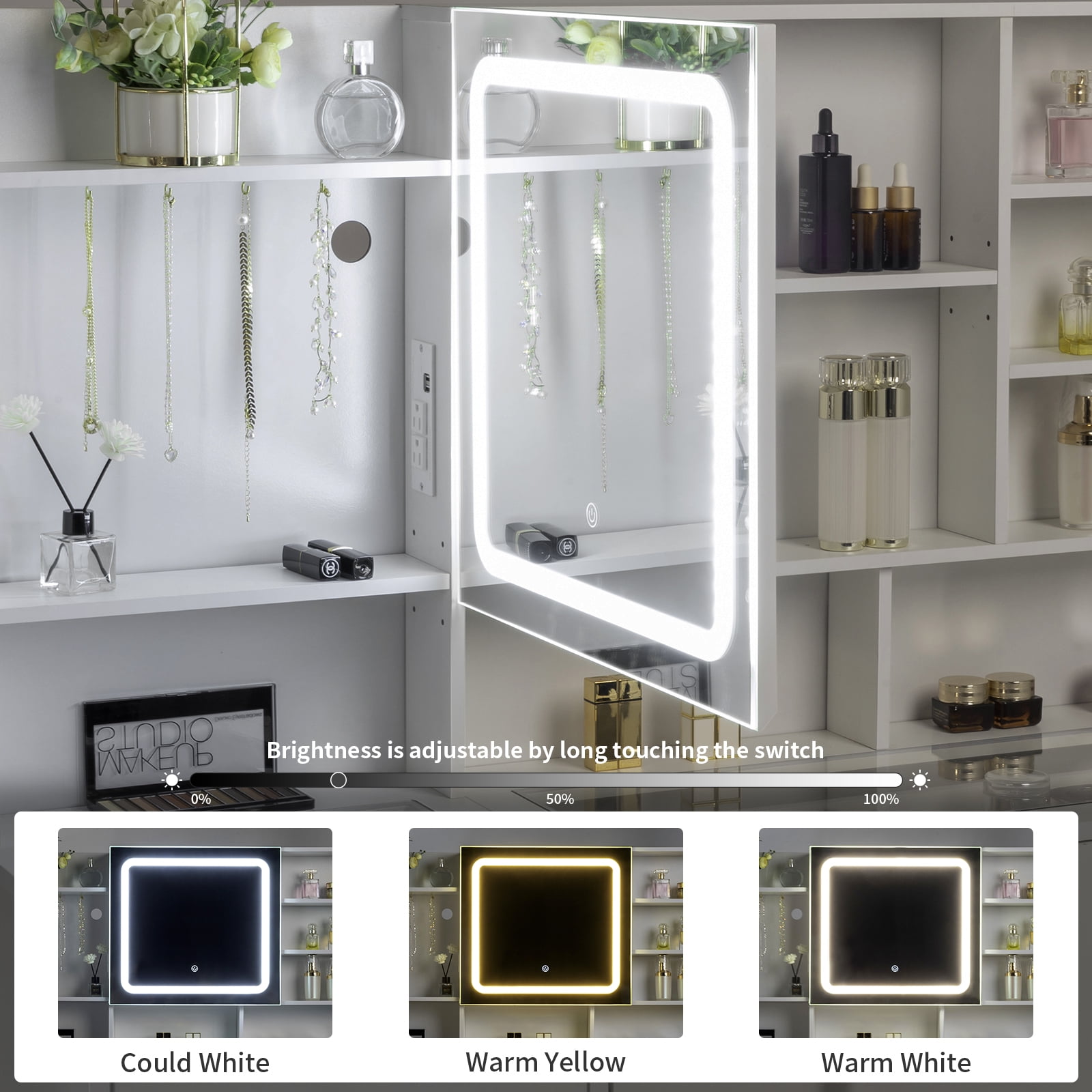 Zimtown 47" Vanity Desk with Charging Station, Makeup Table with 5 Drawers, Built-in Storage Shelves and 3 Color Lights, Dressing Table Set, White