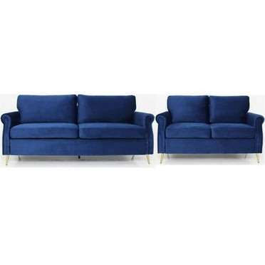 Home Square 2 Piece Set with Velvet Living Room Loveseat and Sofa in Dark Blue