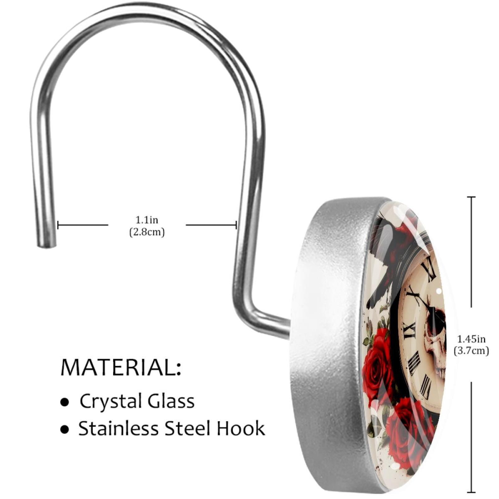 Red Rose Skull Clock Birds Shower Curtain Hooks Round Crystal Glass, Set of 12 Shower Curtain Rings - Shower Hooks for Curtain Shower Rings