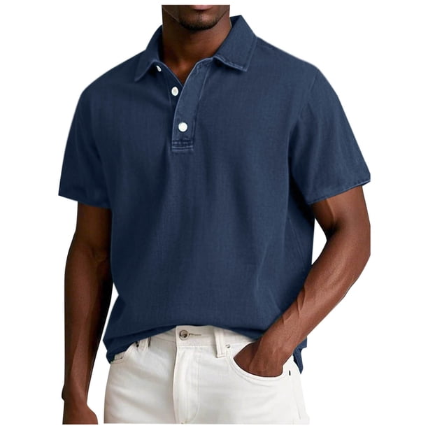 pstuiky camisetas para hombre, Camiseta informal de manga corta con botones y solapa de color liso para hombre camisetas de hombre l