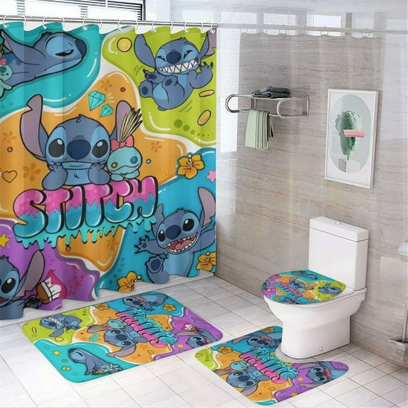4 Piece Shower Curtain Set with Rugs Stitch Shower Curtain Bathroom Sets Decor Waterproof