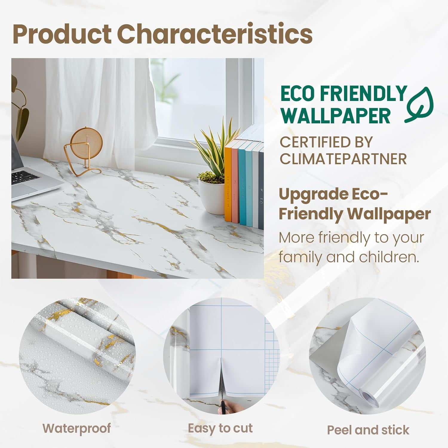 MaxxMarket Glossy Marble Wallpaper Peel and Stick White/Gold Granite Contact Paper Removable Wall Paper for Kitchen Countertop Cabinet Furniture 17.7" x 78.7"